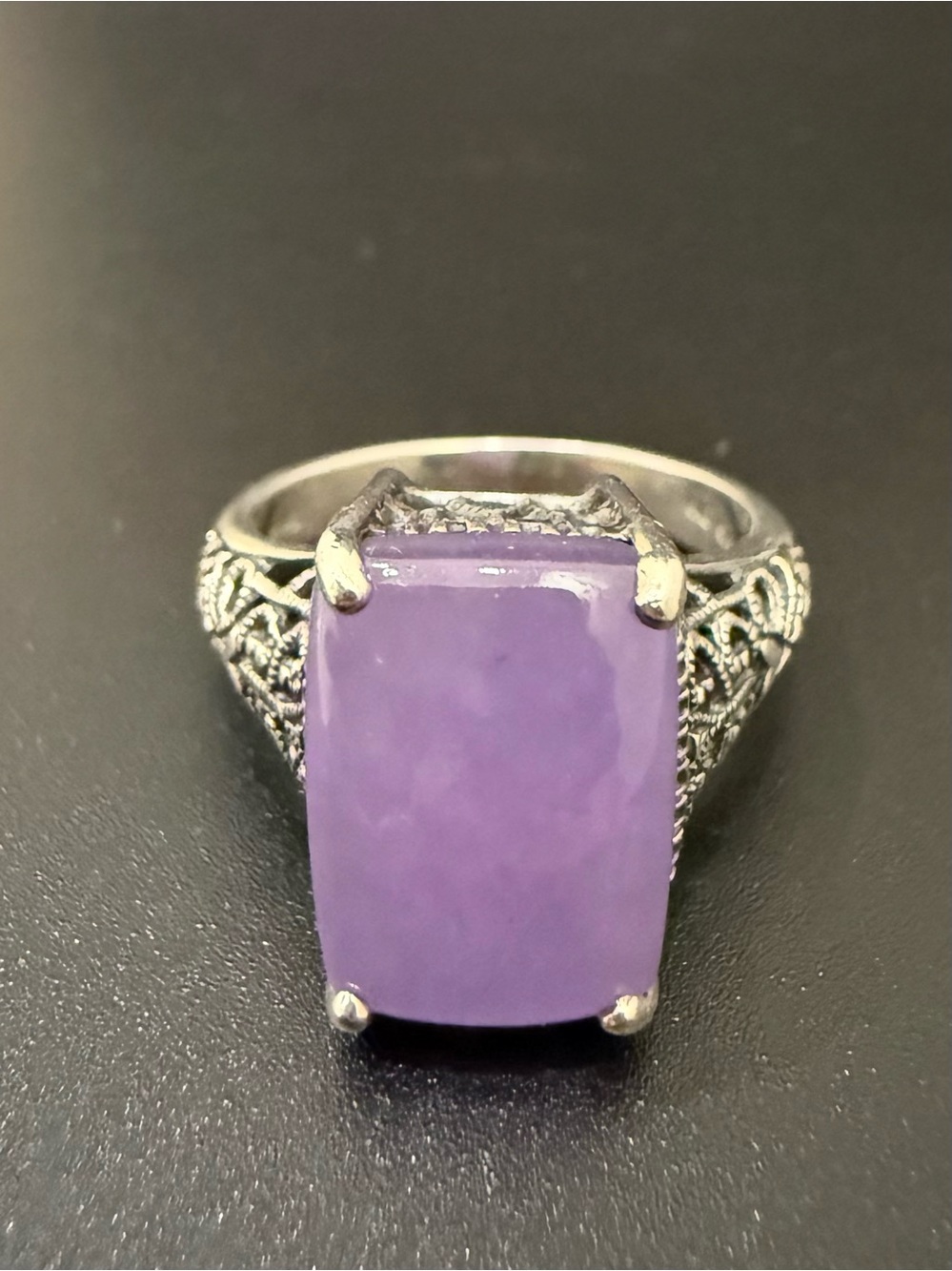 Vintage CNA 925 Sterling Silver Lavender Purple Jade Jadeite Filigree Ring Sz 8